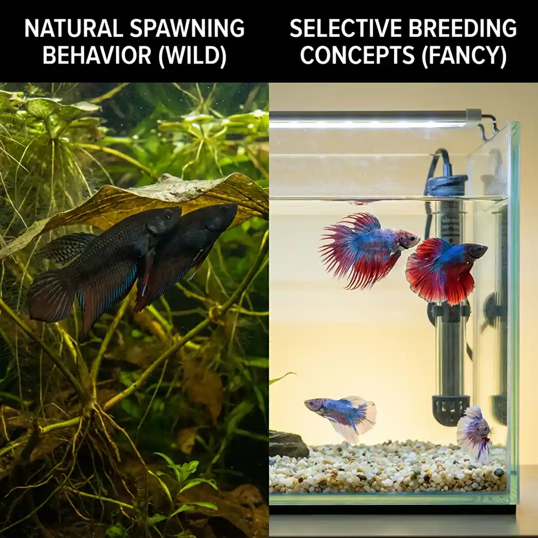 Wild betta breeding compared with selective fancy betta breeding