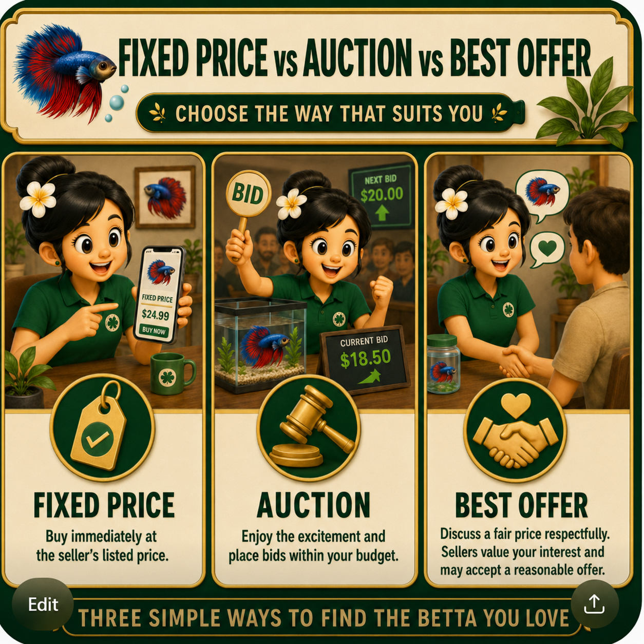 Illustrated comparison of Fixed Price, Auction and Best Offer buying methods on Bettavaro