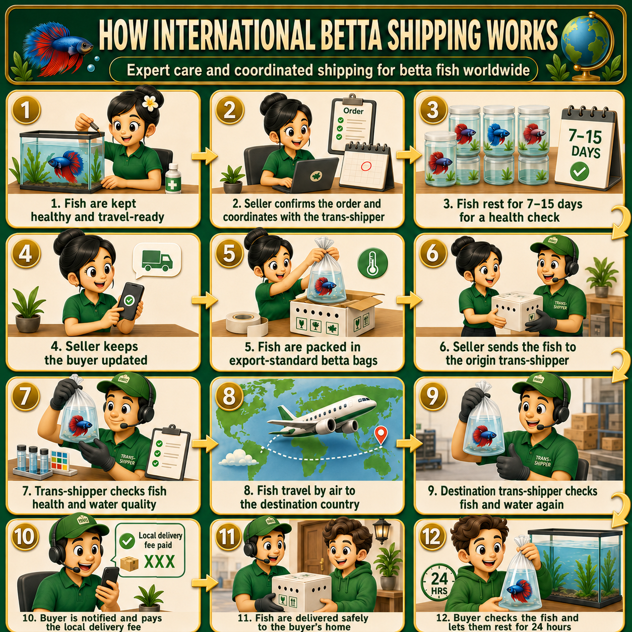 Illustrated international betta shipping journey from the seller to the buyer