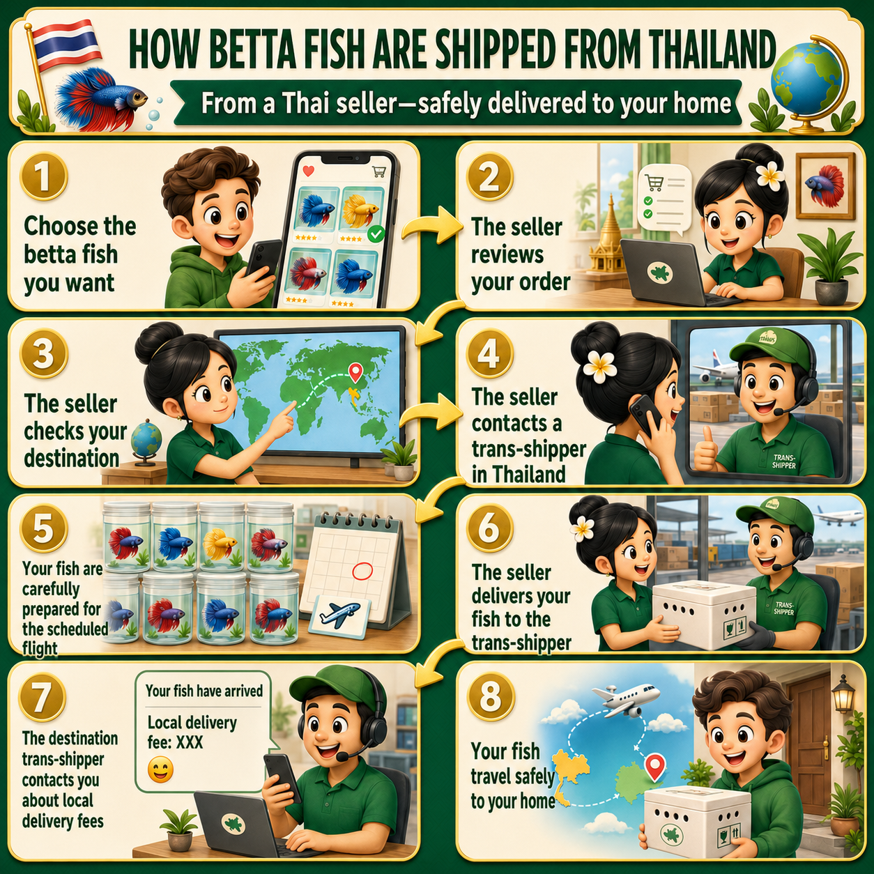 Eight-stage illustrated overview of a betta fish order moving from a seller in Thailand through a trans-shipper to a destination buyer